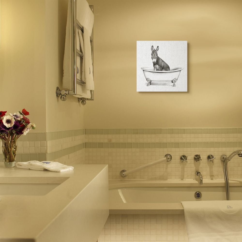 Donkey in Claw Tub Farm Animal Bathroom Sketch Animals & Insects Gallery-Wrapped Canvas Print Wall Art, 17x17