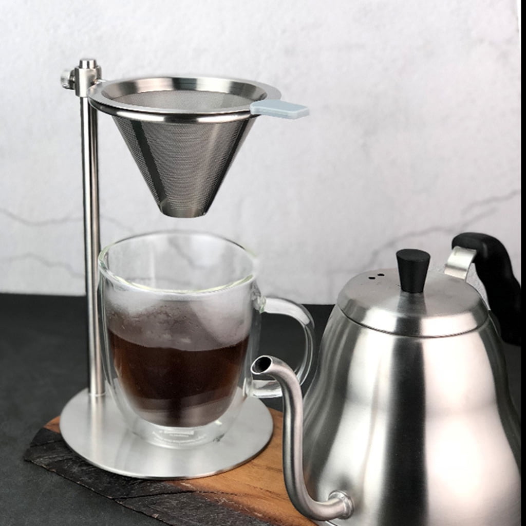 Adjustable Stainless Steel Pour Over Coffee Maker Station Stand with Reusable Double Filter Freestanding Drip Cone Brewer Directly into Mug Cup
