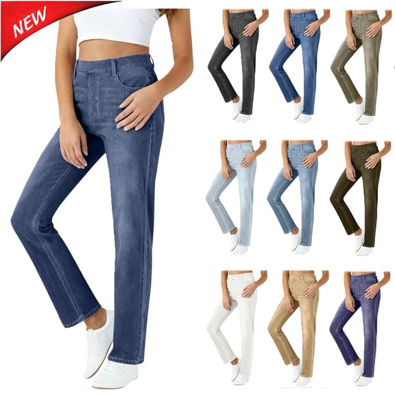 Tqyyweavej Faux Jeans for Women Washed Straight Leg Casual Denim Pants Elastic Rise Solid Color Slim Pants with Pockets Size S to 2XL