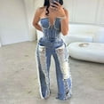 thumbnail image 2 of Women's Strapless Tube Top Denim Rompers Casual Off Shoulder Distressed Ripped Wide Leg Jeans Jumpsuit Streetwear, 2 of 7