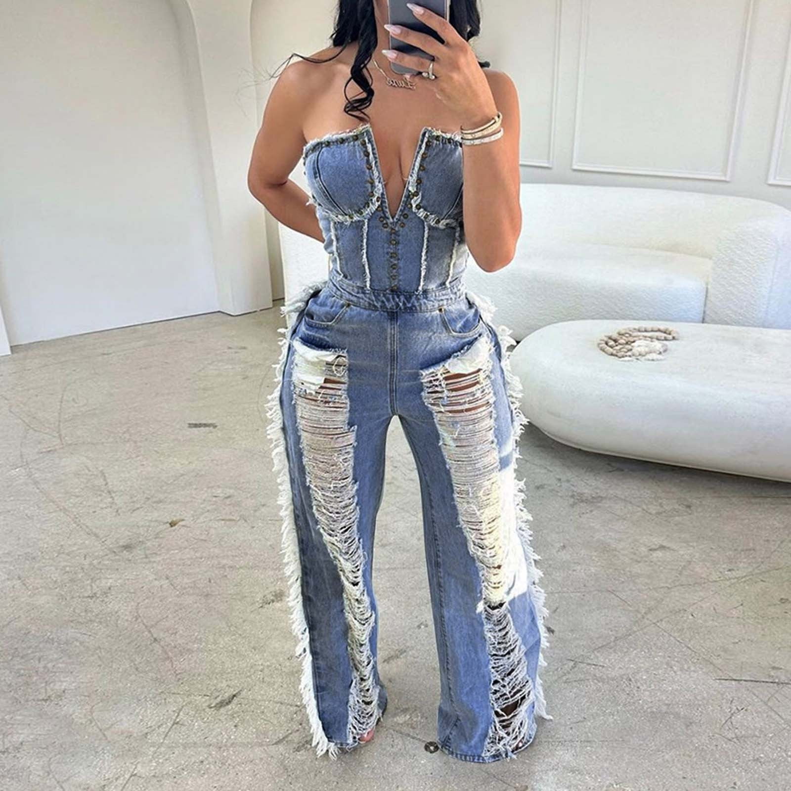 Ripped Strapless Denim Jumpsuit Womens V neck Backless Sexy Frayed Distressed Holes Wide Leg Jean Romper Clubwear Walmart