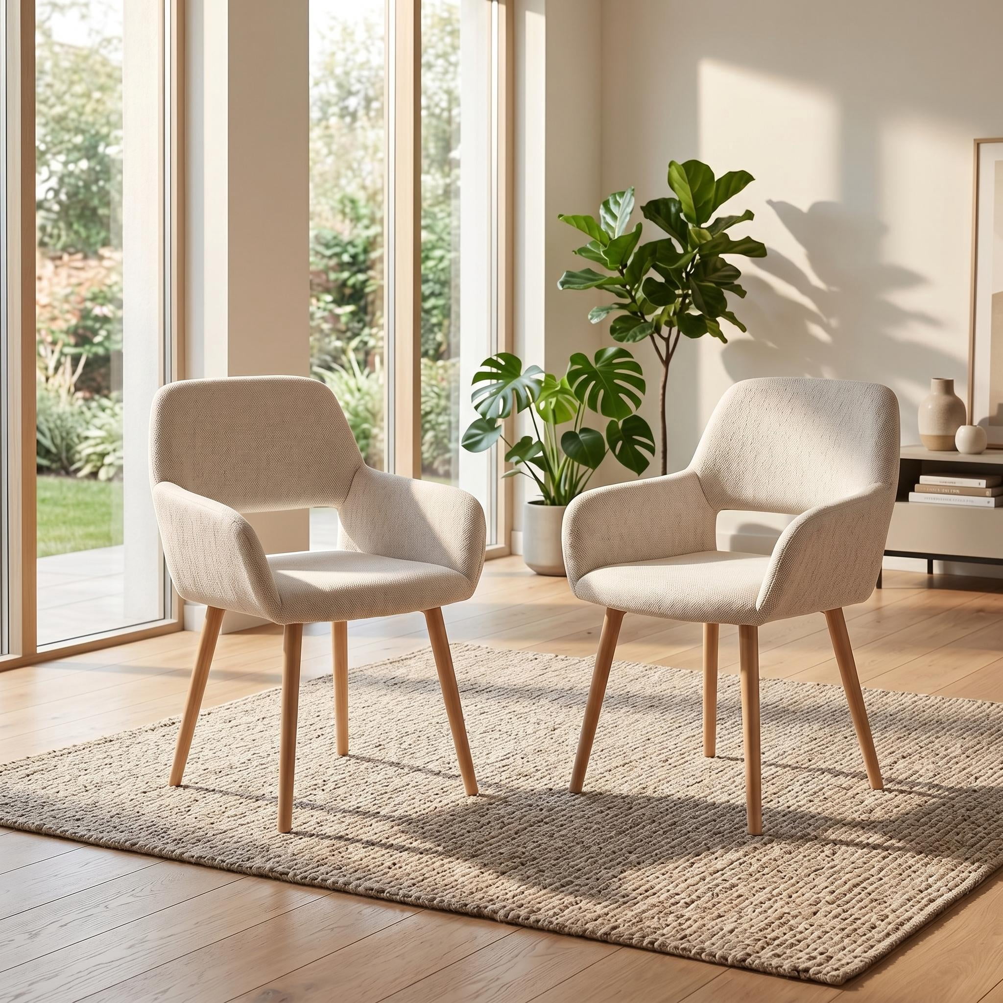 Homy Casa Set of 2 Beige Upholstered Dining Arm Chairs, Fabric Accent Chairs with Natural Wood Legs