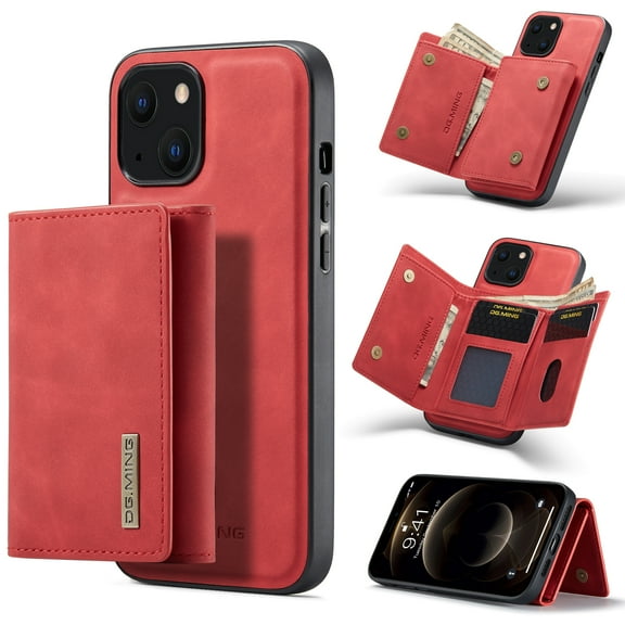 Wallet Case for iPhone 15, Detachable Card Slots Holder Kickstand Magnetic Closure Cover with Premium PU Leather Silicone Shockproof Drop Resistant Protective Case, Red