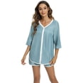 thumbnail image 4 of Baywell Women's Button Down Pajamas Set 3/4 Sleeve Tops Shorts V Neck Sleepwear Soft Silk Satin Pjs Loungewear Set Contrast Color Lounge Pjs Shorts Set with Pockets S-XXL, 4 of 6