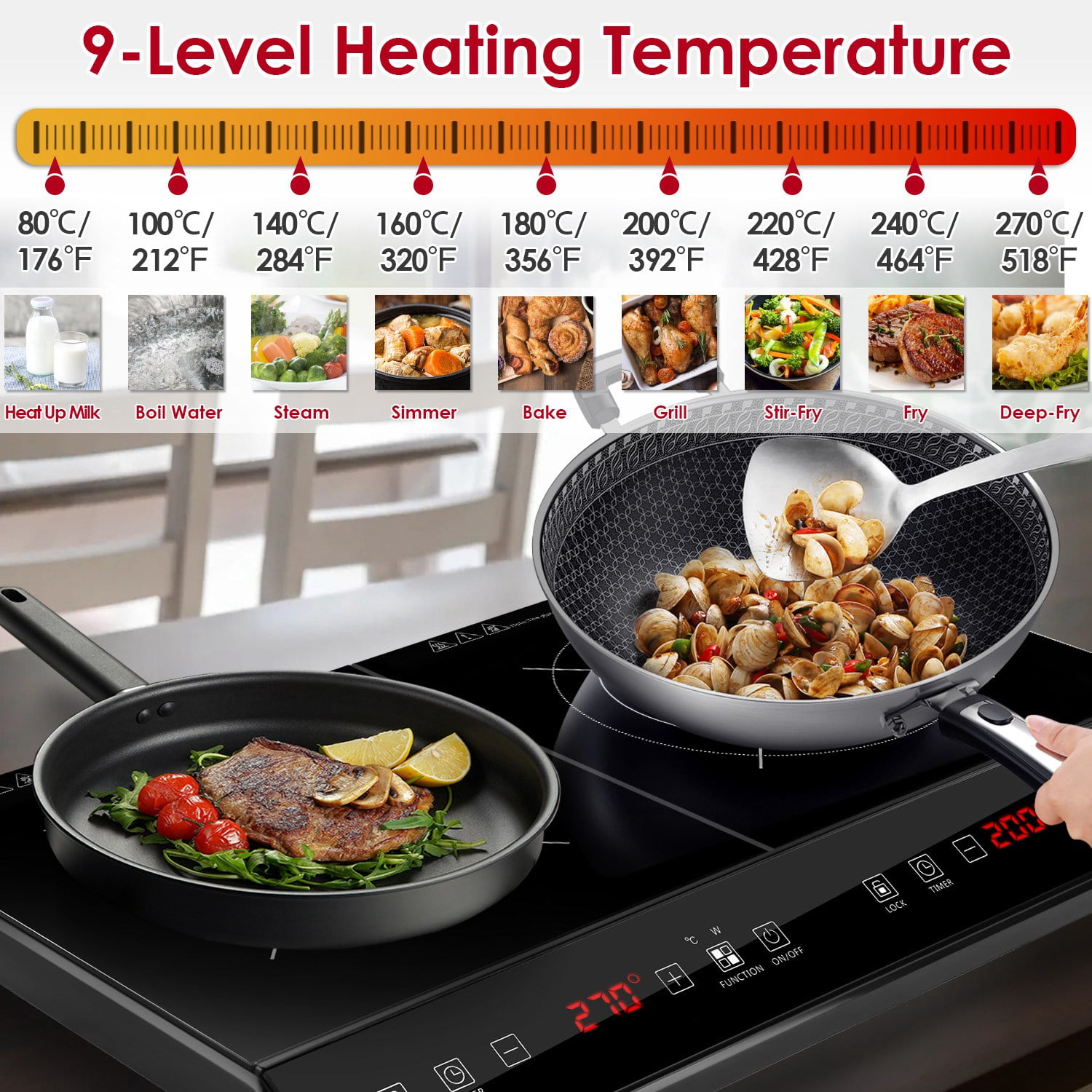 TeqHome Double Induction Cooktop 4000W Portable Induction Countertop with 9 Power Levels 9 Temperature Settiings From 176℉ to 518℉ Smart Timer 0-3H and Safety Lock Black