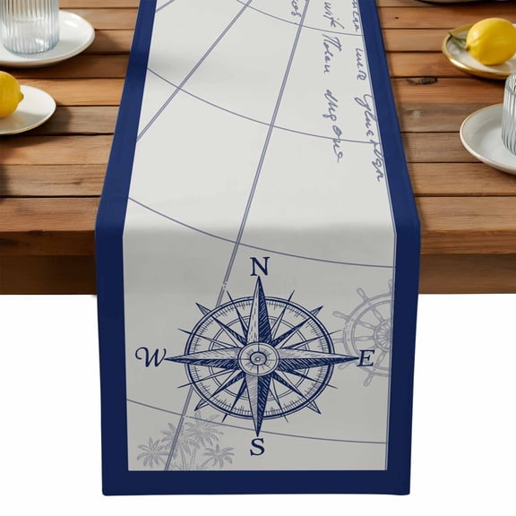 Blue Compass Nautical Cotton Linen Table Runner for Dining Kitchen, Coastal Abstract Art Retro Wedding Outdoor Party Tablerunners Decoration, Dresser Scarf Coffee Tablecloth Runners 13x72 Inches