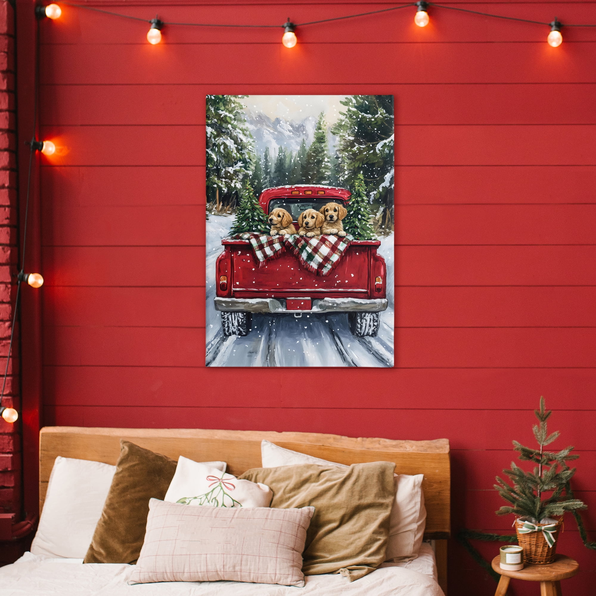 Golden Pups Christmas Truck Canvas Wall Art, design by Petal Prints Design