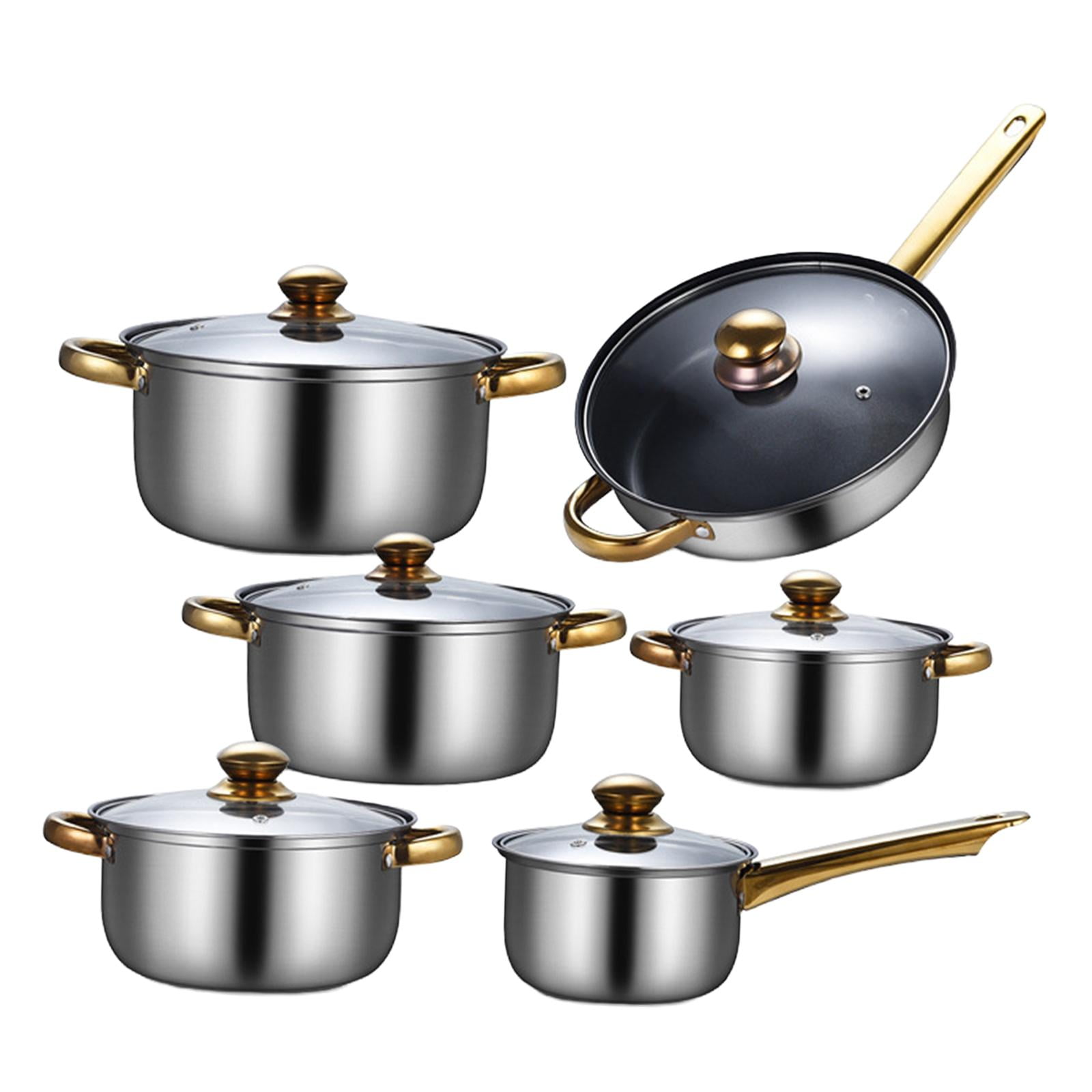 Nishiyuenyi 6x Pots and Pans Set Soup Pot with Glass Lid Nonstick Pan Cookware Set Stainless Pans with soup pot