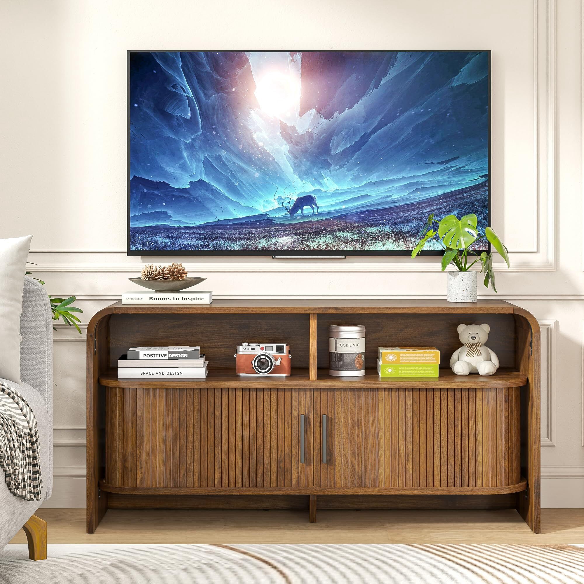 Mid-Century Modern TV Stand for 43 Inch TV, Fluted Wood Media Console with Sliding Doors, Walnut