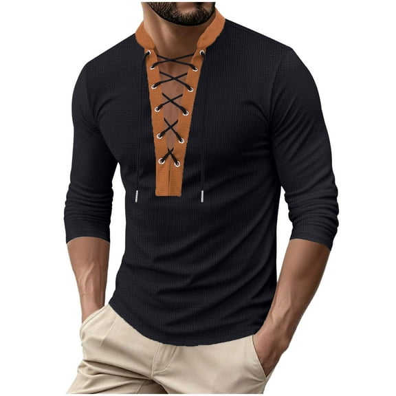 Hrsba Men's Long Sleeve Stand up Collar Blouse & Shirt, Men's Long Sleeve Tops Color Block Stand Collar Brown Patchwork Drawstring Pullover T Shirts for Men