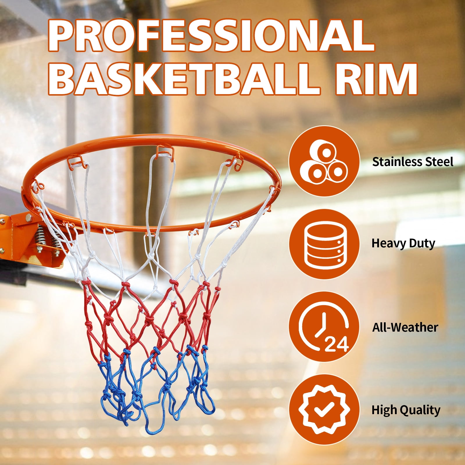 Basketball Double Spring Solid Rim, 18" Steel Basketball Rim for Indoor and Outdoor, Orange