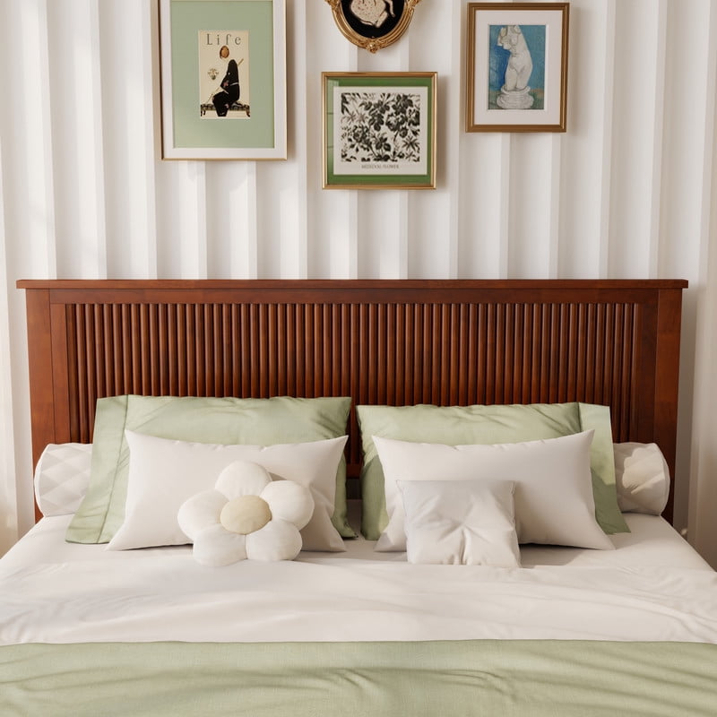Queen Size Wood Bed Frame with Wave-Fluted Headboard, Low-Profile Platform Bed with Central Support Legs and Under-Bed Space