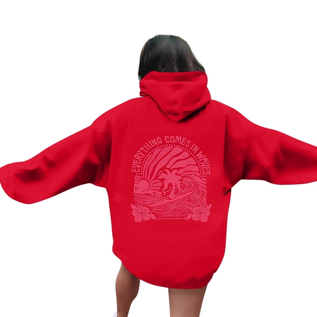 Sudadera con capucha Pink Palm Puff para mujer 2024, Everything Comes in Waves Sudadera con capucha de gran tamaño con letras Rojo M