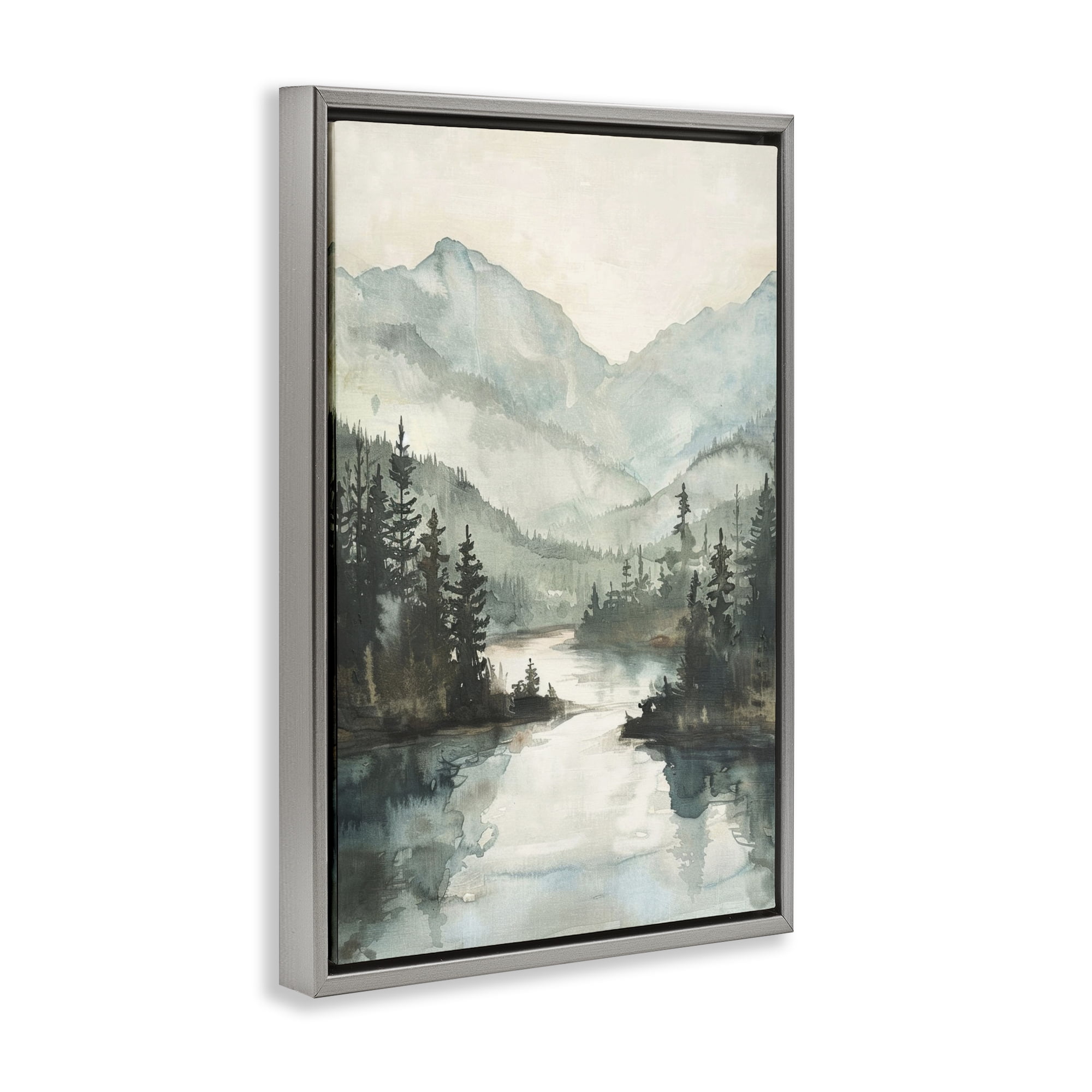 Stupell Industries Mountain River View Landscape & Nature Painting Gray Floater Framed Canvas Art Print Wall Art, 17 x 25