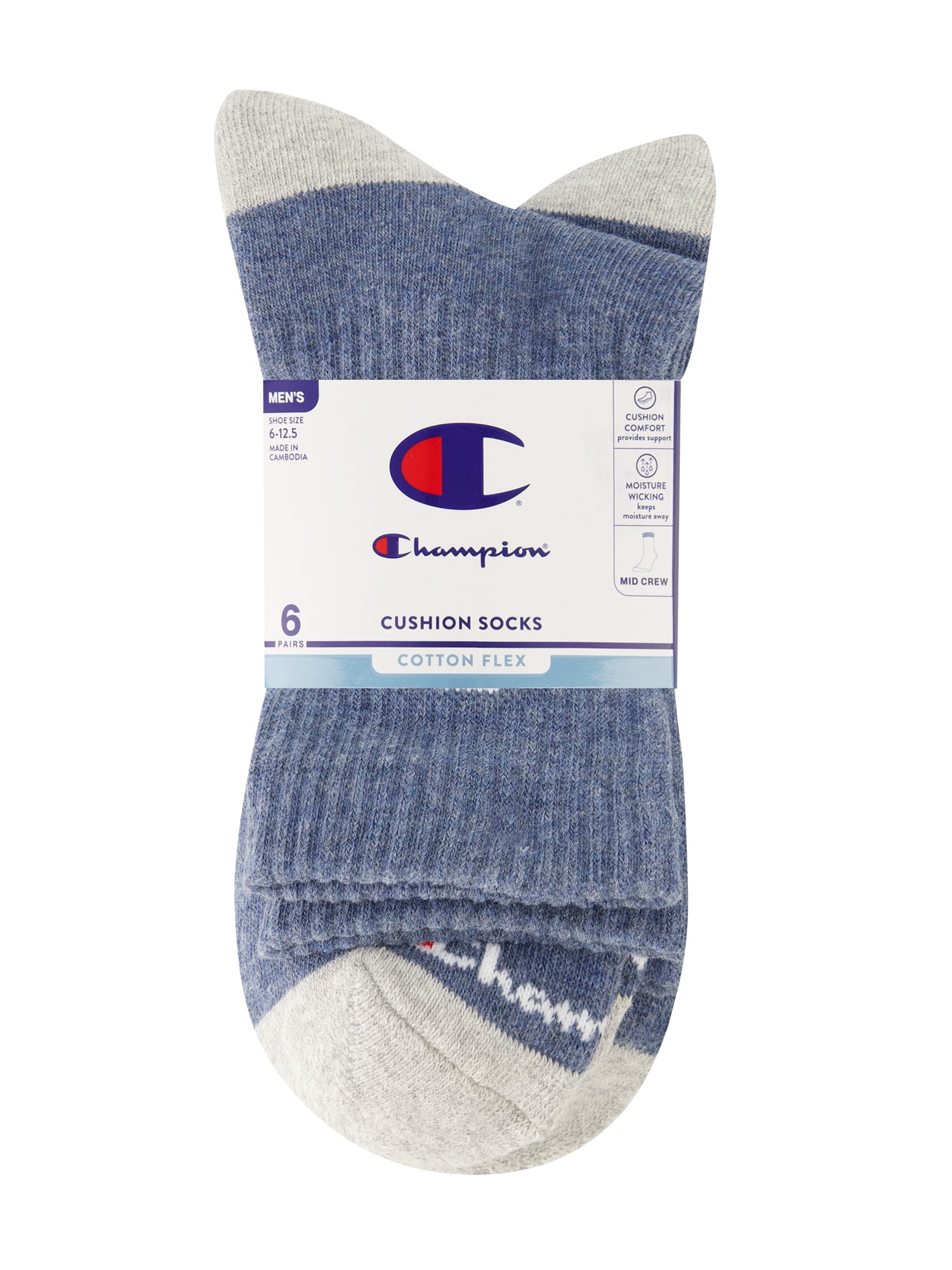 Champion Men’s Mid Crew Socks 6 Pack – Half Terry Cushion, Moisture-Wicking, Arch Support, Stretch Comfort, Sizes 6–12.5