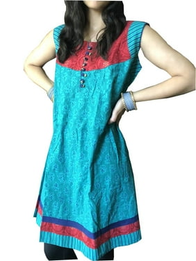 Mogul Women Tunic Dress Blue Red Printed Summer Boho Umbrella Style Tunic M