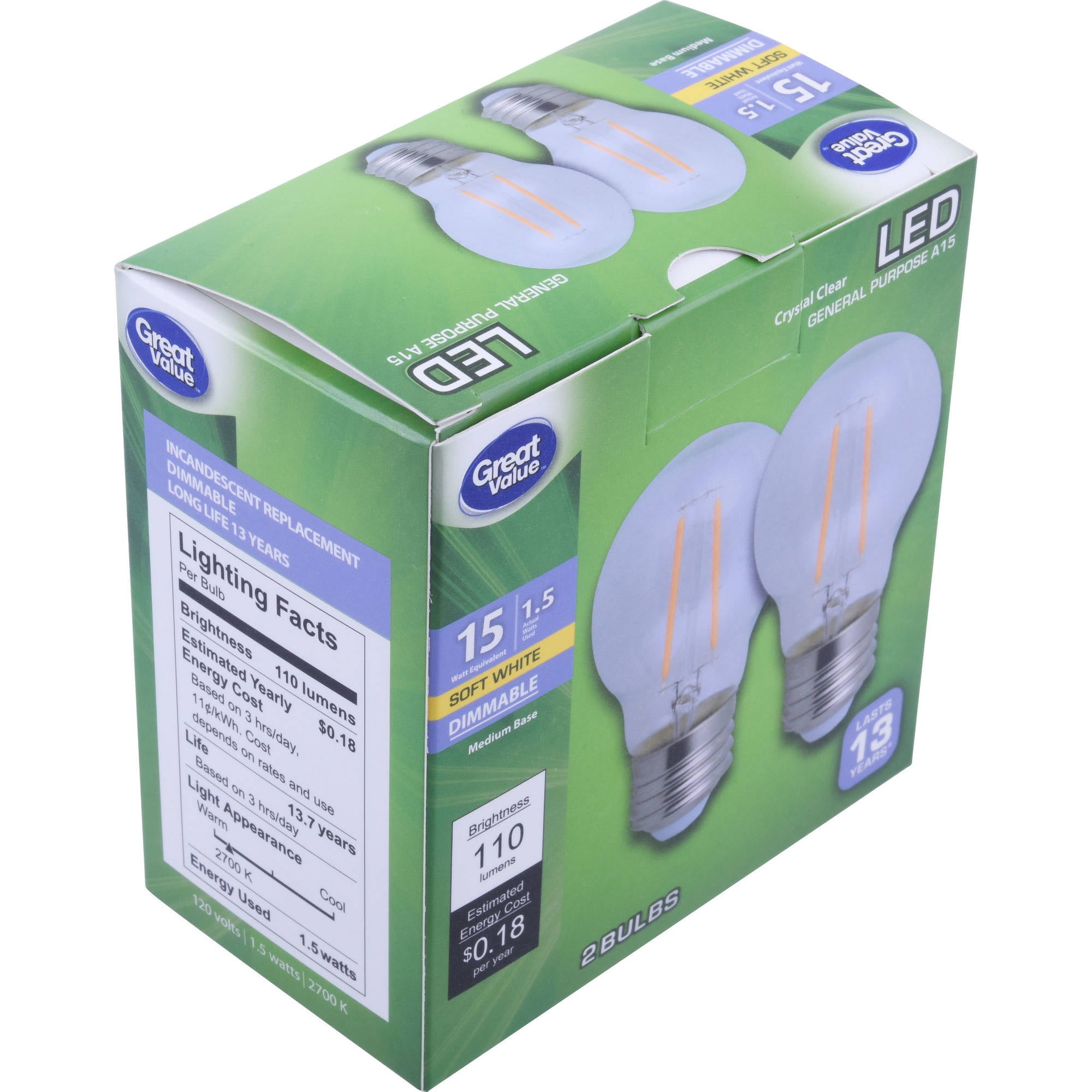 Great Value LED Light Bulb, Soft White, Dimmable, 1.5 Watts (15W Equivalent), E26 base, 2 Count