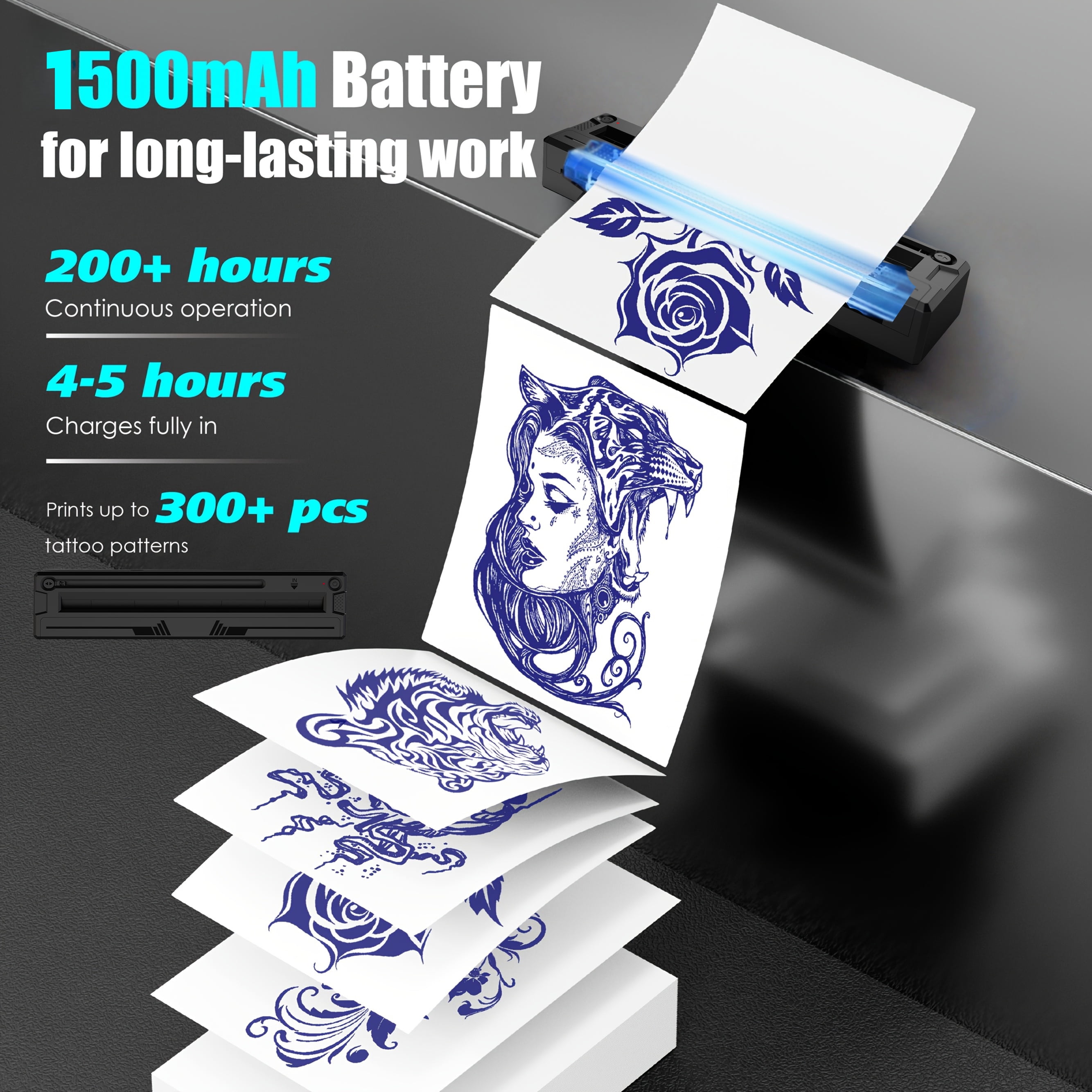 Wireless Tattoo Stencil Printer & A4 Thermal Printer with App Custom, Print Realistic Portraits, 6 Transfer Papers Included and Six Sheets of Thermal Paper