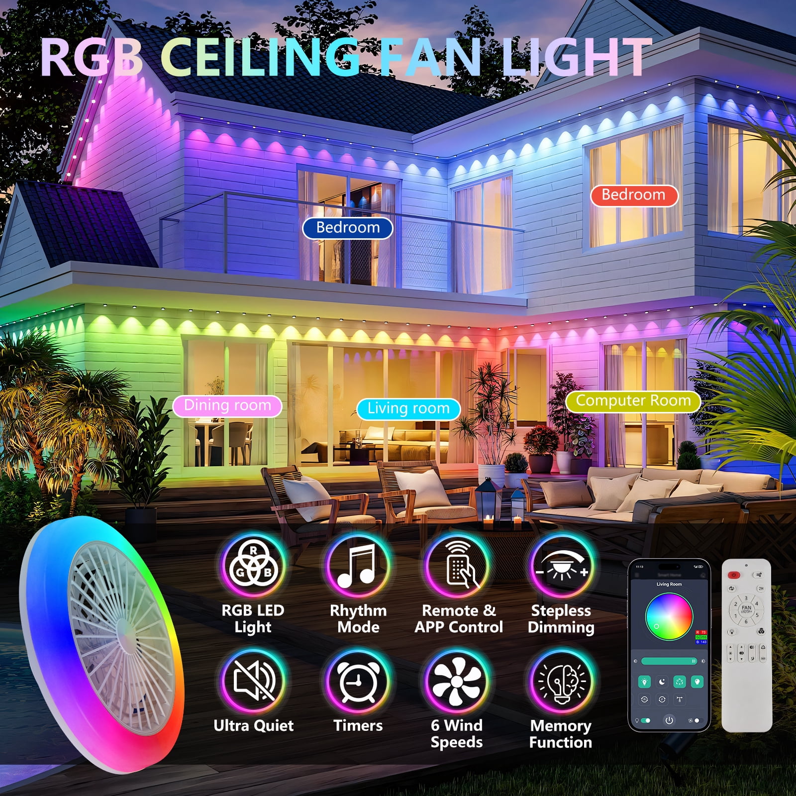 Miniyam 18" Ceiling Fan with Light, RGB Smart LED Fandelier with Remote/App Control, Low Profile Dimmable, 3 CCTS, 6 Speed, White
