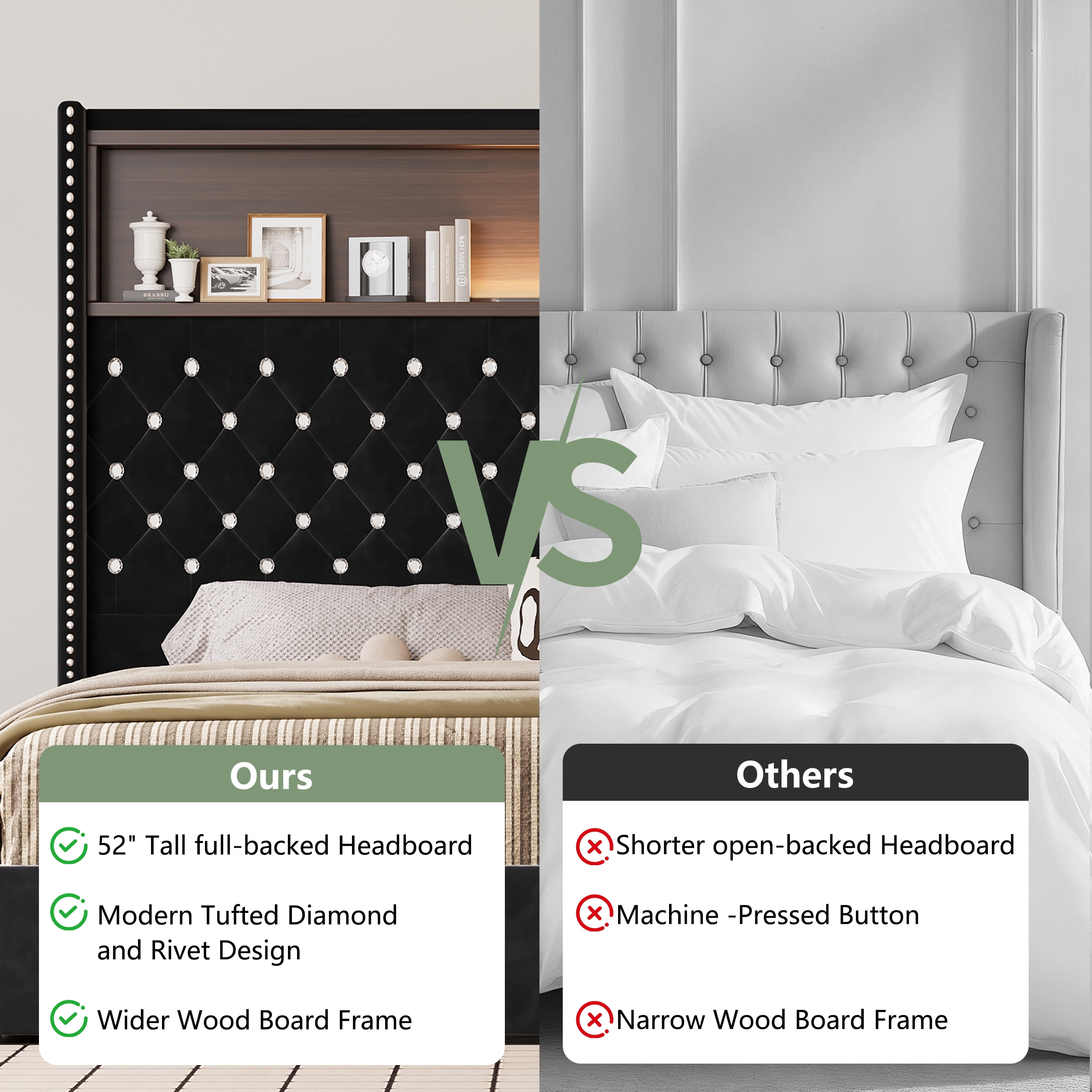 Euroco Upholstered Full Size Tuft Platform Bed with USB Ports and Night Light, Wing Back Headboard with Storage, Black