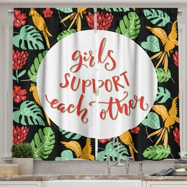 Ambesonne Feminist Kitchen Curtains, Tropical Theme Words, 55"x39", Multicolor