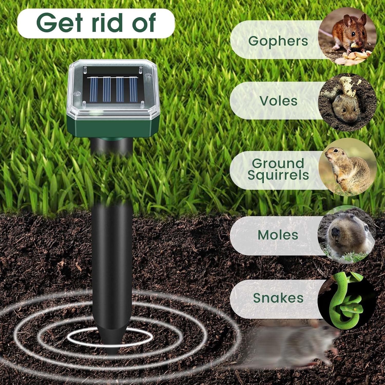 4 Pack Mole Repellent Solar Powered, Ultrasonic Pest Repeller Outdoor for Lawns & Gardens, Chipmunk, Gopher, Snake Deterrent, Deer Repellent Devices, Weatherproof, Dark Green