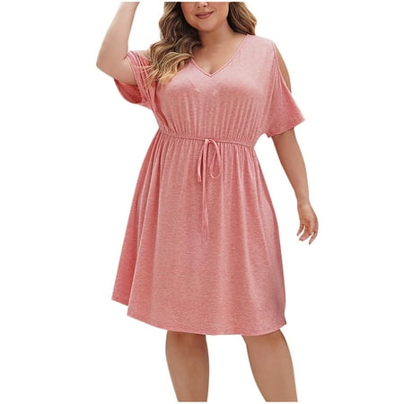 SAFUNY Women s Crewneck Short Sleeve Waist Tie A Line Dress Pullover Pocketed Soft Casual Daily Picnic Date Dress Pink XL