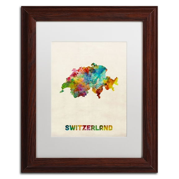 Trademark Fine Art 'Switzerland Watercolor Map' Canvas Art by Michael Tompsett, White Matte, Wood Frame