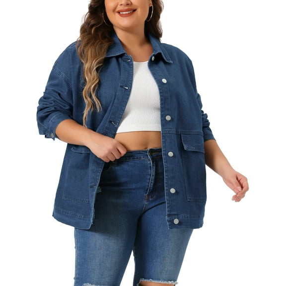 DARING DIVA Women's Plus Size Long Sleeve Vintage Denim Jacket 1X Dark Blue
