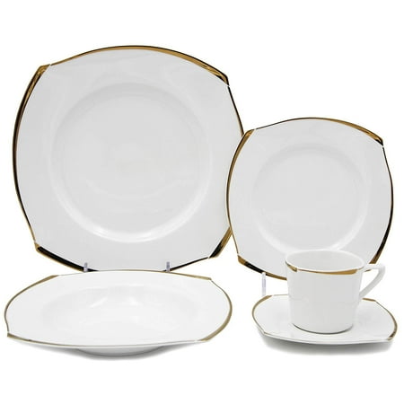 Bone China Place Royalty Porcelain Fancy Square Design 5-pc Place Setting 'Golden Wave', Premium Bone China Porcelain ()