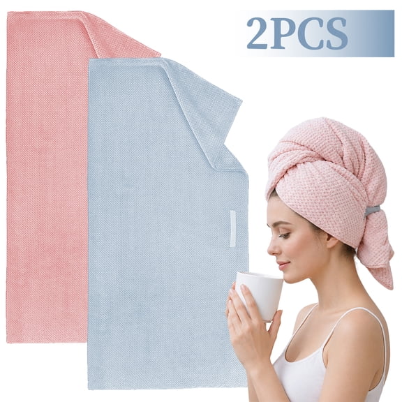 Hair Drying Towel Wrap 2 Pack, Large Waffle Coral Fleece Quick Dry Turban with Elastic Band, Pink Blue