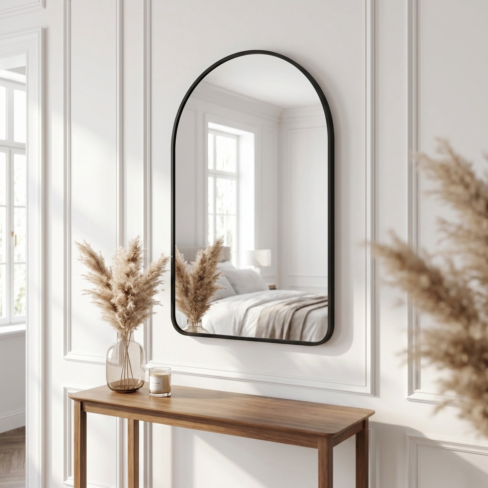 GRAHMCY 26"x38" Arched Bathroom Wall Mirror Rounded Corner Vanity Mirror with Metal Frame, Black