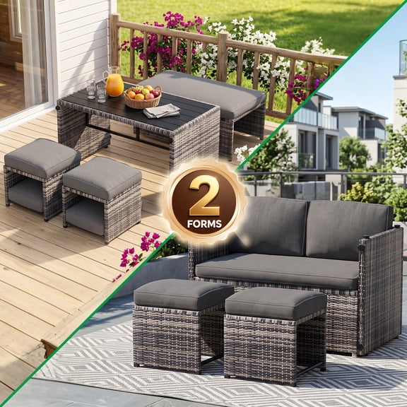 Junkai 2-in-1 Convertible PE Rattan Patio Furniture Set, 3-Piece Loveseat with 2 Ottomans or 4-Piece with Table, Outdoor Conversation Set, Gray