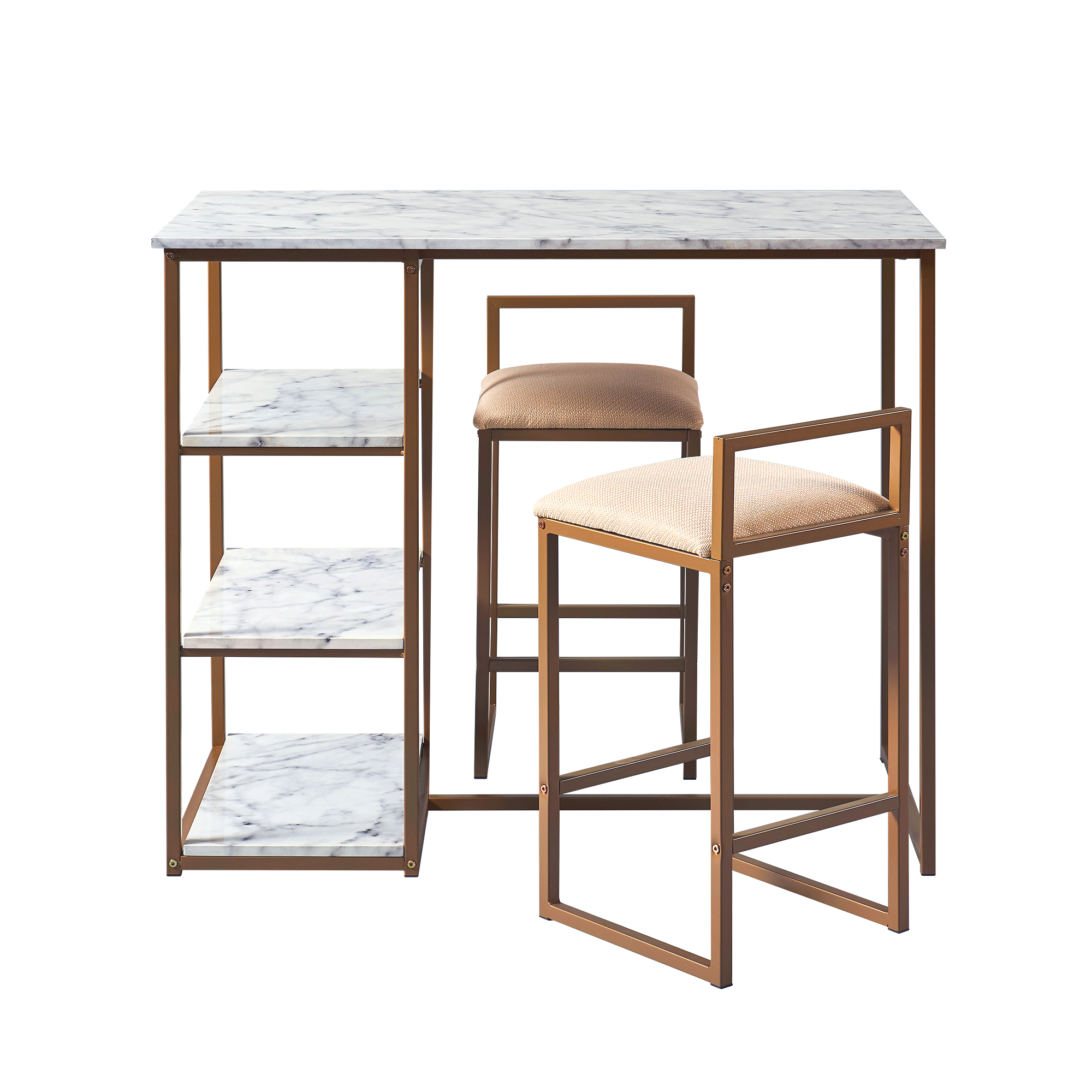 Versanora Marmo Breakfast Dining Set with Faux Marble Top, Brass Finish