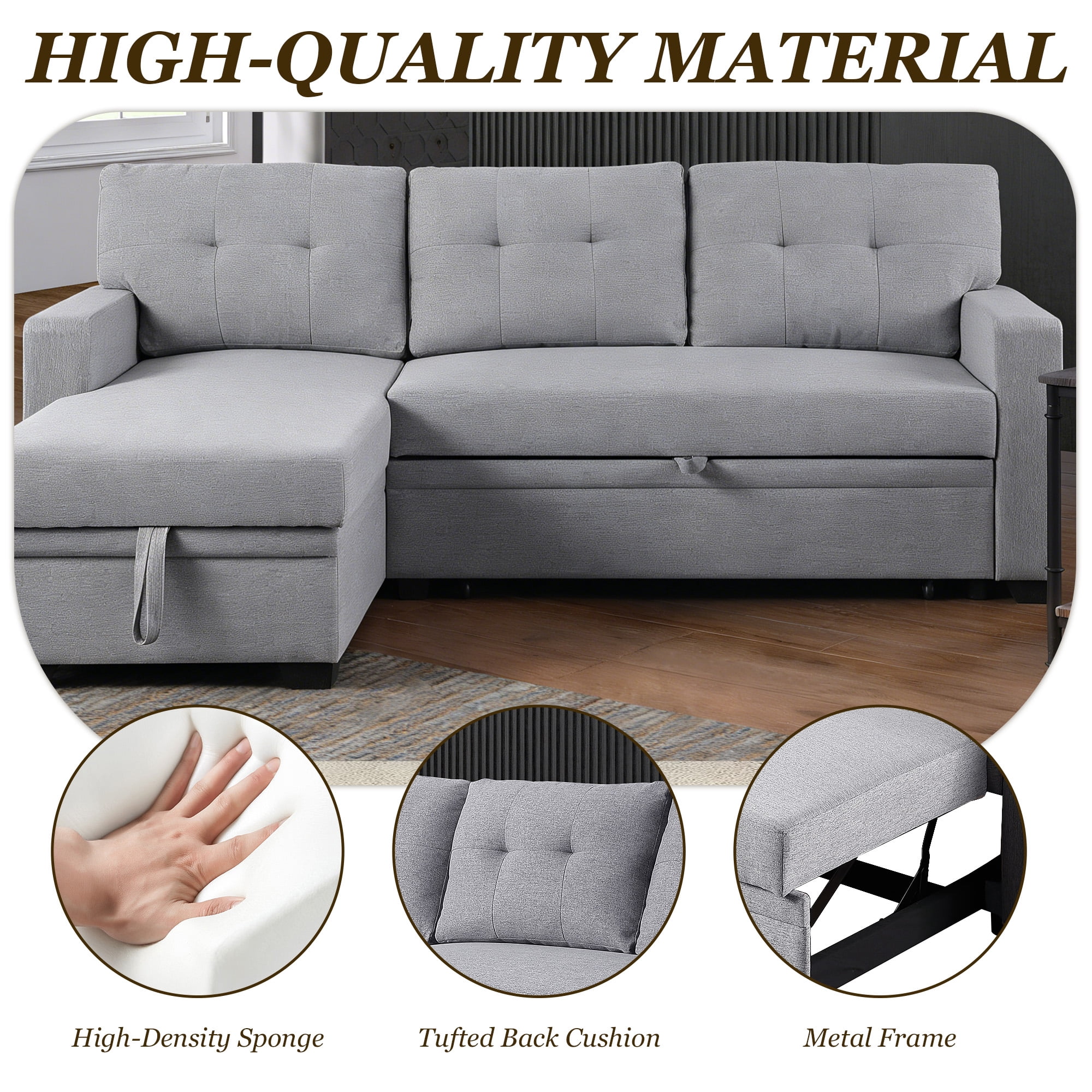 MOONMISS Sectional Sofa Bed with Storage and Soft Seat ,Reversible Pull Out Couch for Living Room,Light Gray