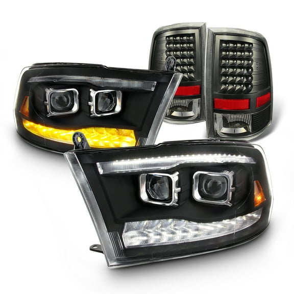 AKKON - For 09-18 Doul LED For Dodge Ram Headlights Projector Housing   Black Tail Lights Lens