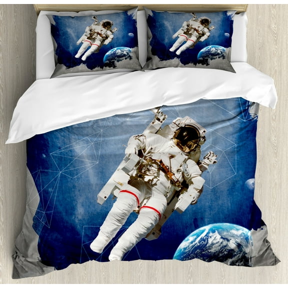 Outer Space Queen Size Duvet Cover Set, Astronaut on the Grunge Half Done with Geometric Brushstroke SciFi Modern Art, Decorative 3 Piece Bedding Set with 2 Pillow Shams, Blue Biege, by Ambesonne