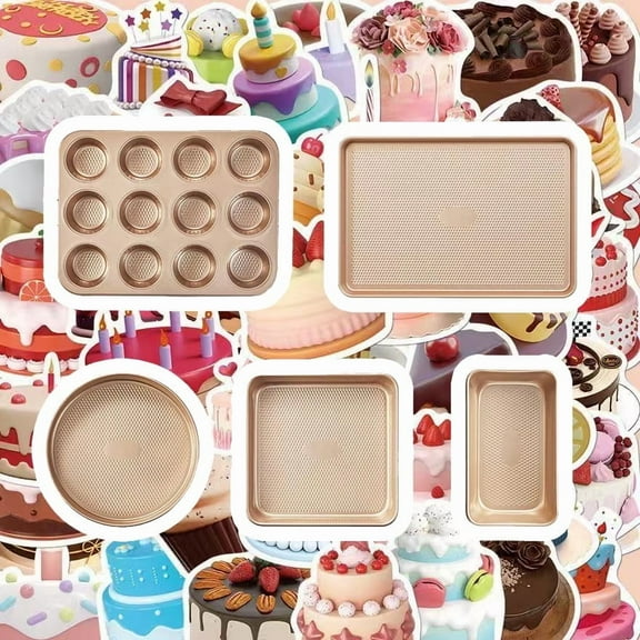 LOLLICY 5-Piece Baking Pans Set Nonstick, Stackable Non Toxic Bakeware Sets with Diamond Texture, Oven Pan Set for Cooking, Includes Cookie Sheet , Cake Pan, Roasting Pan, Muffin Tin, Gold