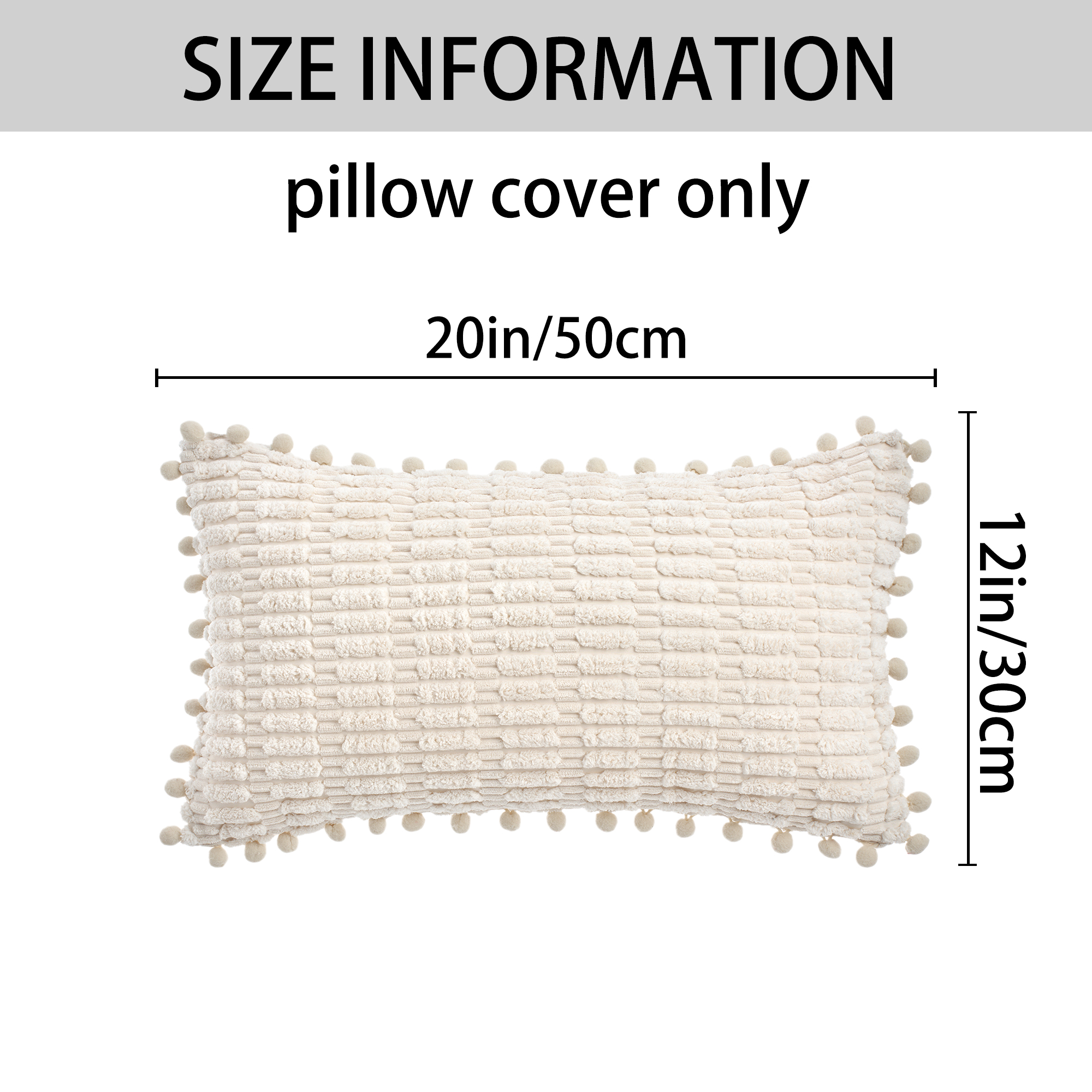 Unique Bargains Set of 2 Corduroy Throw Pillow Covers with Pom-pom Edges 20" x 12" Beige