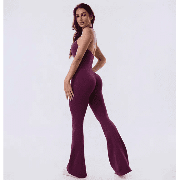 Coral Canton, Seamless Backless Halter Top Sport Jumpsuit Bodycon Flared Legs