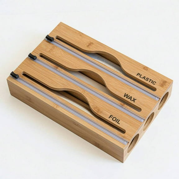 JQDWMDLX 1pc Bamboo Plastic Wrap Dispenser, Kitchen Organiser, Aluminum Foil and Plastic Wrap Storage Box, Suitable for Kitchen(Khaki)