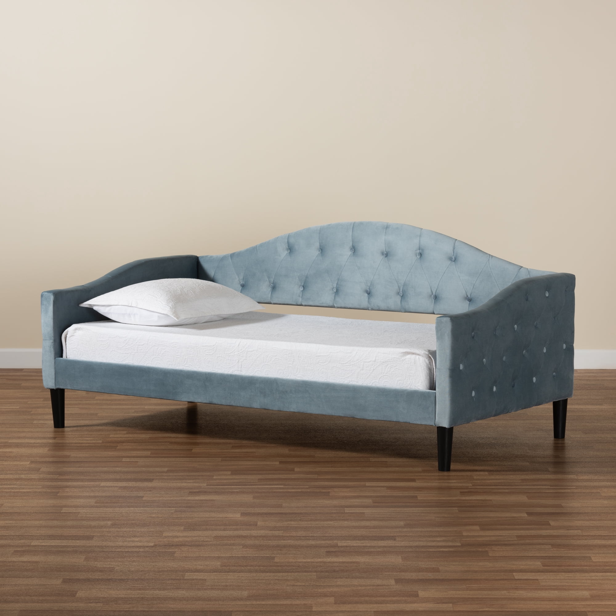Baxton Studio Benjamin Modern and Contemporary Light Blue Velvet Fabric Upholstered and Dark Brown Finished Wood, Full Size Daybed