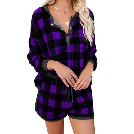 

Women Long Sleeve Tops and Shorts Plaid Sleepwear 2 Piece Pajama Set