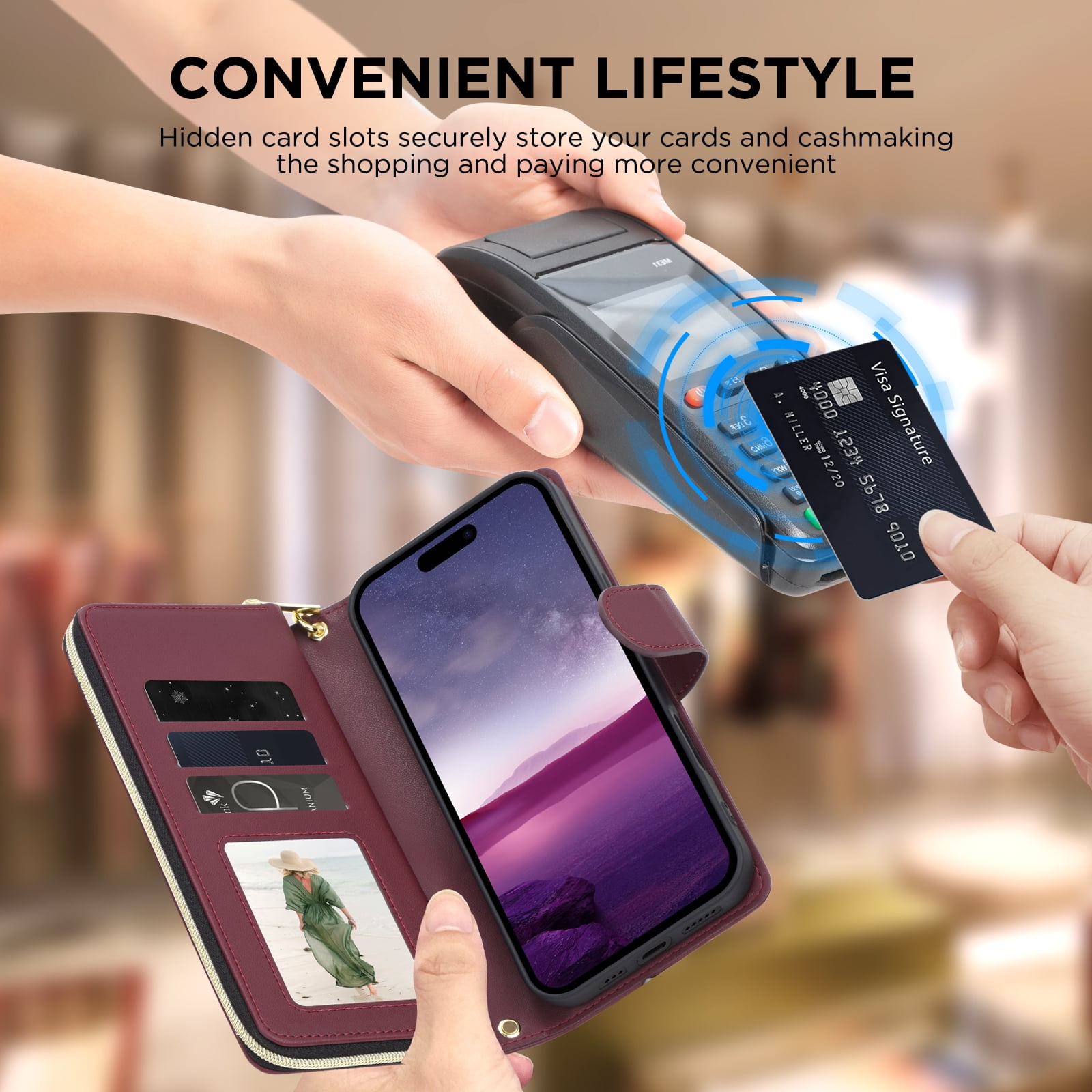 for iPhone 13 Pro Wallet Case, Multi-Functional Zipper Purse Case, with Flip Stand Card Holder PU Leather Phone Cover with Lanyard & Wrist Strap for iPhone 13 Pro, Winered