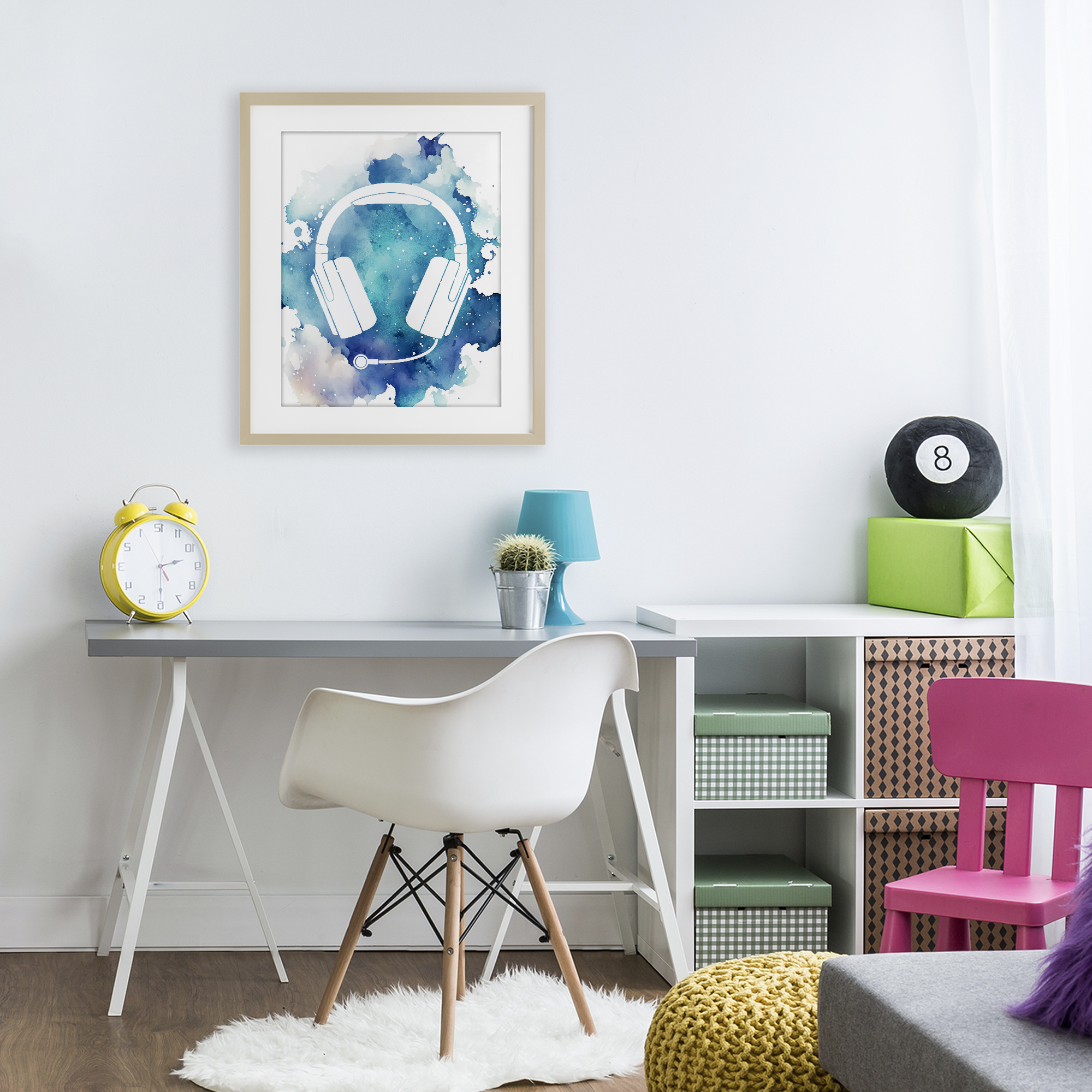 Blue Headphone Splatter Birch Framed Print Under Glass, design by Marcus Prime