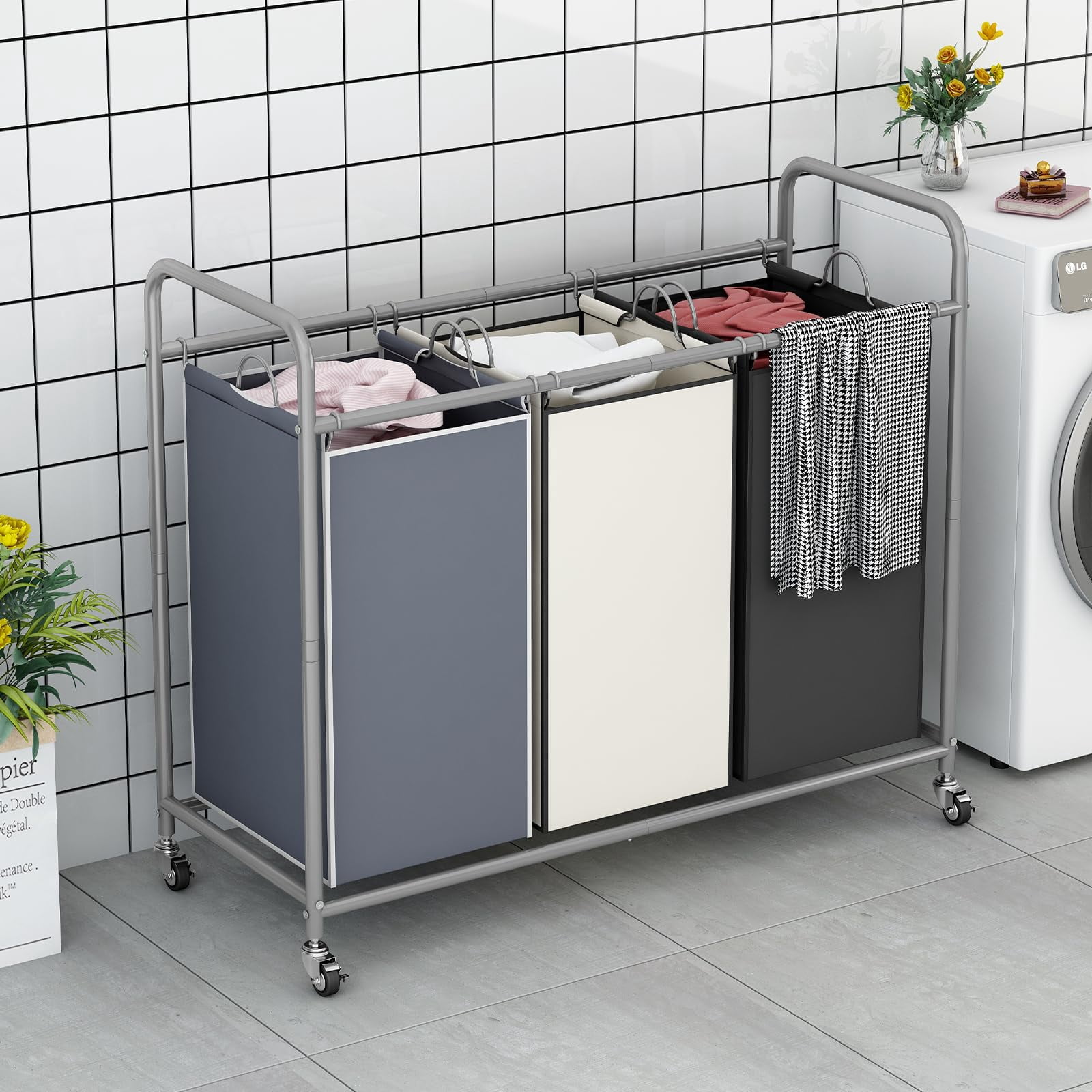 SUOERNUO 3-Bag Laundry Sorter Cart with Wheels – Heavy Duty Rolling Hamper with Removable Bags for Laundry Room Organization (Assorted)