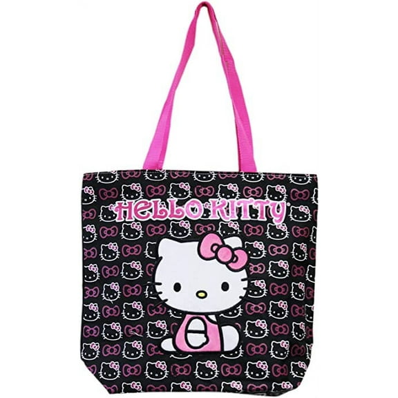 Hello Kitty Face and Hair Bow Pattern Black and White Medium Size Tote Bag