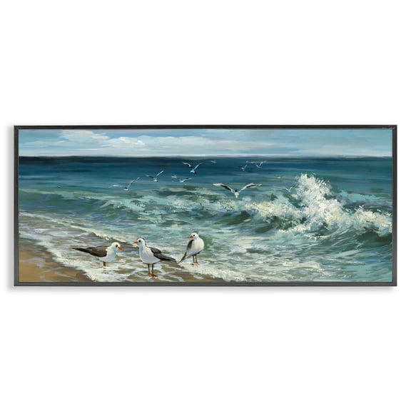 Stupell Industries Incoming Beach Tide Seagulls Nature Painting Black Framed Art Print Wall Art, 24 x 10
