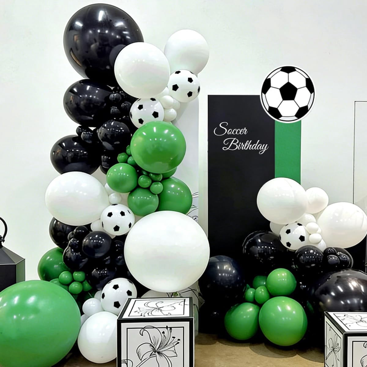Burculy 167Pcs Soccer Balloon Arch Kit - Black Green White Latex Balloons in 18/12/10/5" with Soccer Prints for Football Theme Birthday, Baby Shower, Graduation, Wedding Party Decorations