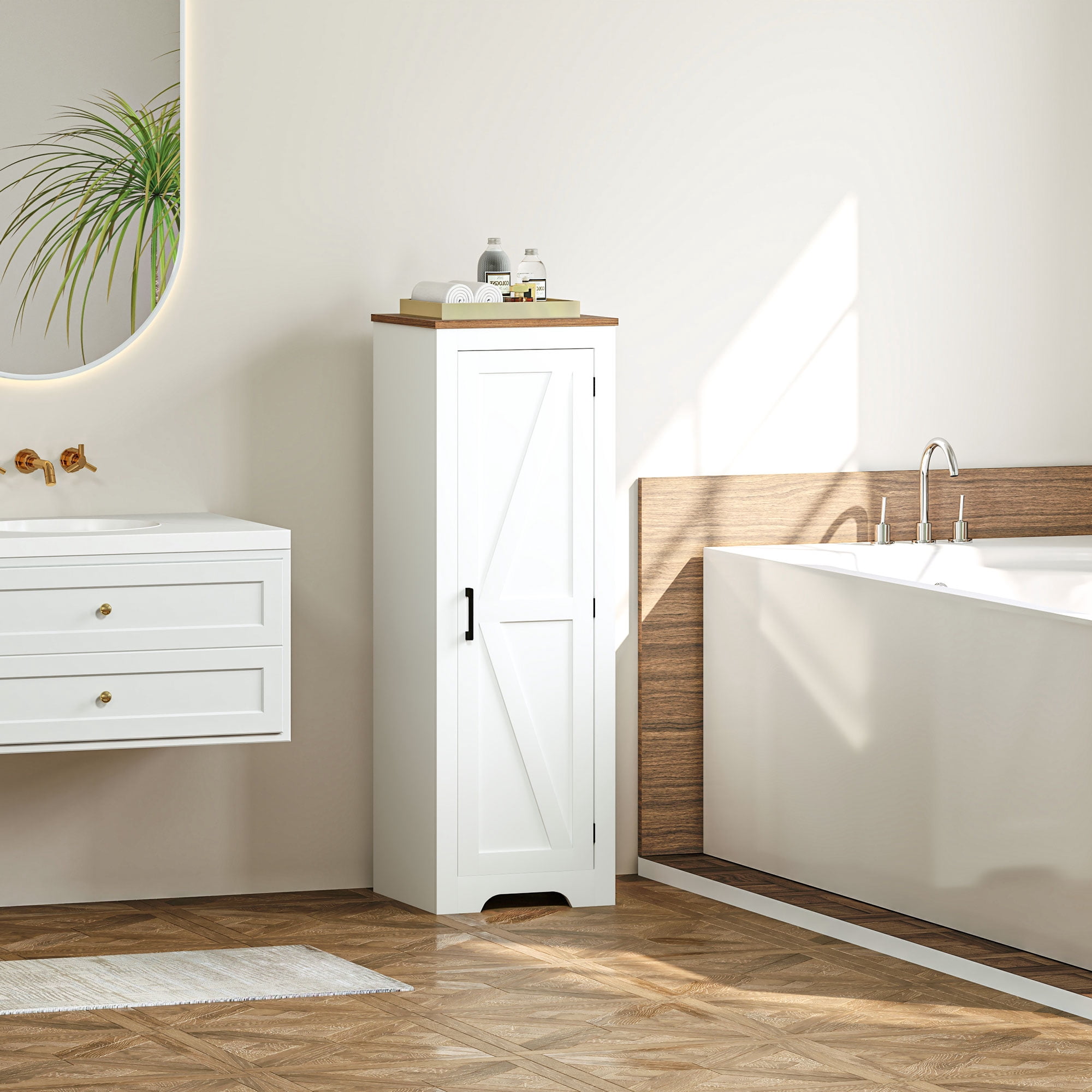 HOMCOM Farmhouse Storage Cabinet with Adjustable Shelf, Single Barn Door Accent Cabinet for Living Room, Floor Pantry Cabinet, White